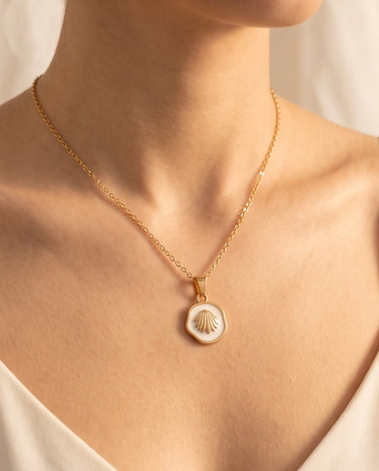 Gold White Enamel Seashell Medallion Pendant Necklace