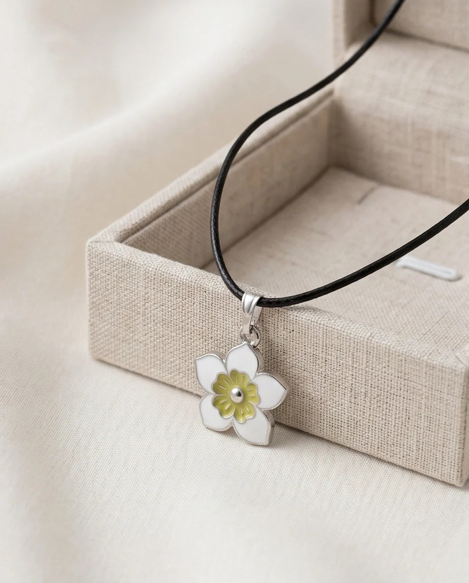 Charming White and Yellow Floral Enamel Pendant Necklace