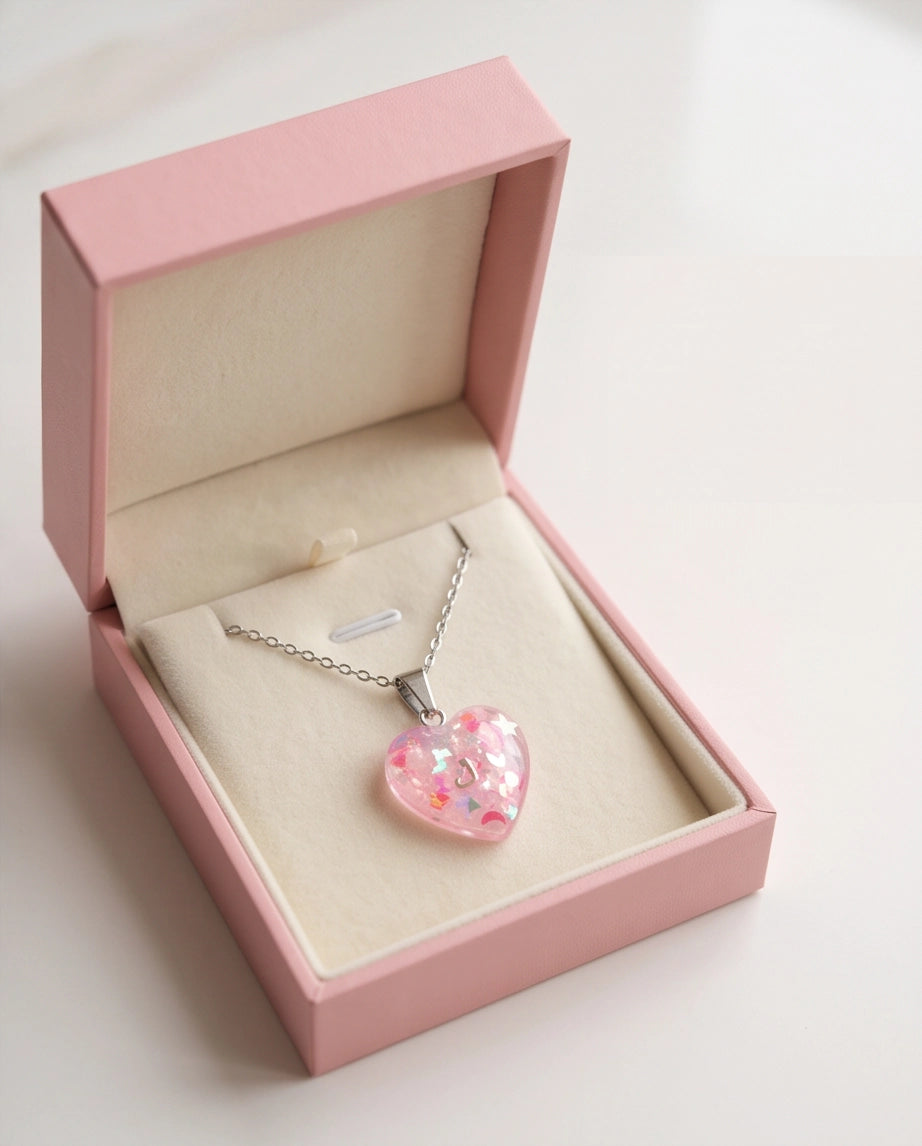 Silver Faceted Rose Pink Glitter Heart Resin Pendant Necklace