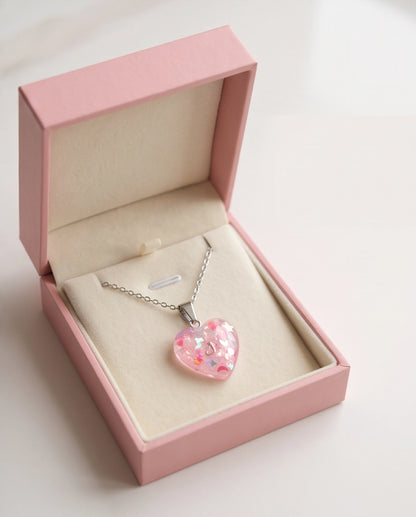 Silver Faceted Rose Pink Glitter Heart Resin Pendant Necklace