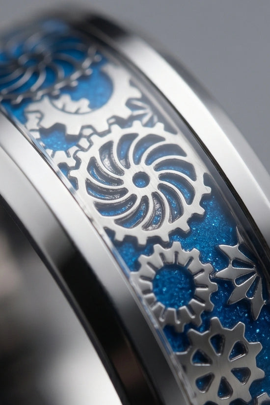 Industrial Steampunk Blue Gear Band Ring