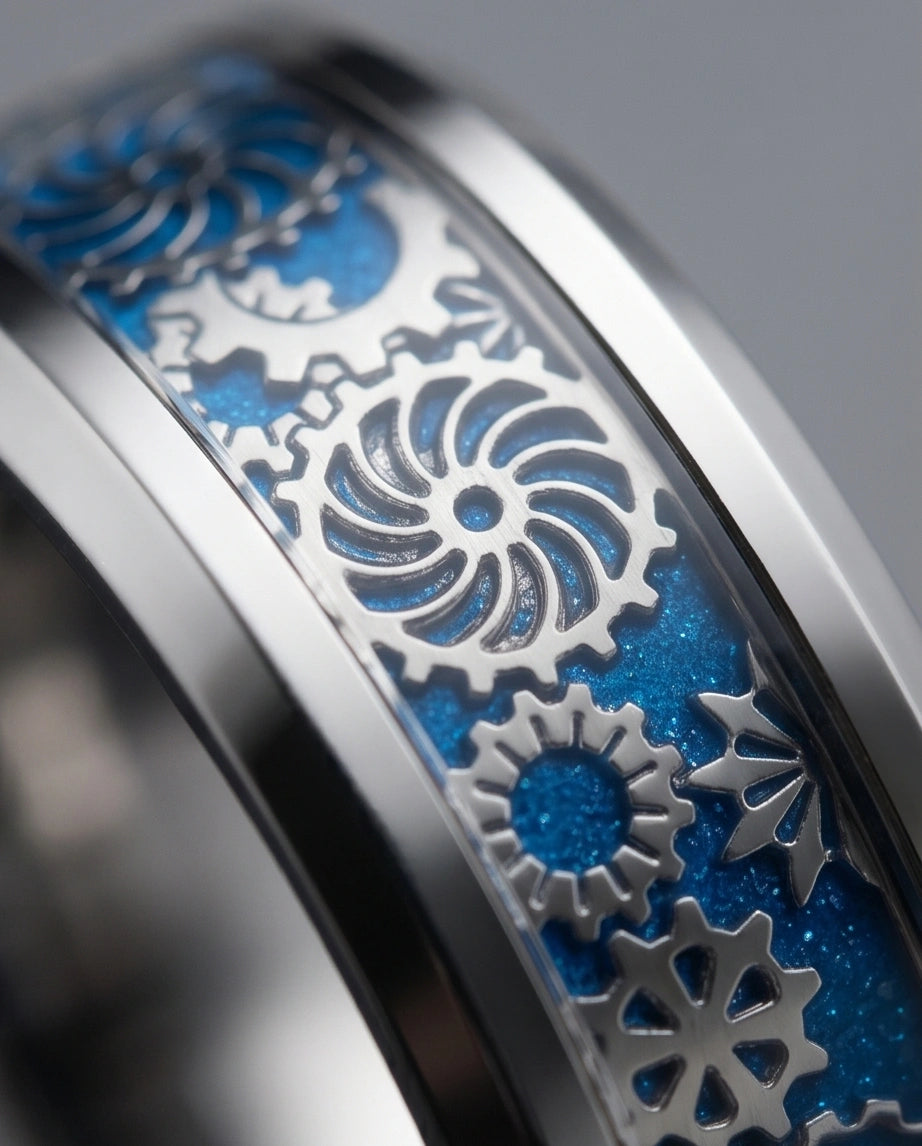 Industrial Steampunk Blue Gear Band Ring