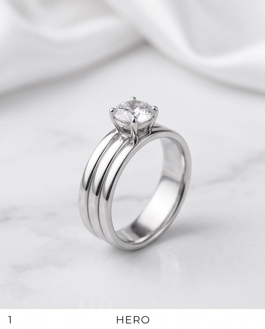 Silver Round Gemstone Triple-Band Solitaire Ring