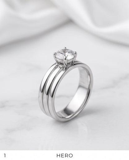 Silver Round Gemstone Triple-Band Solitaire Ring