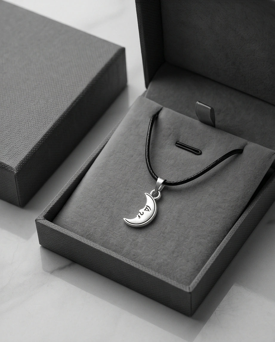 Silver Vintage Crescent Moon Face Necklace