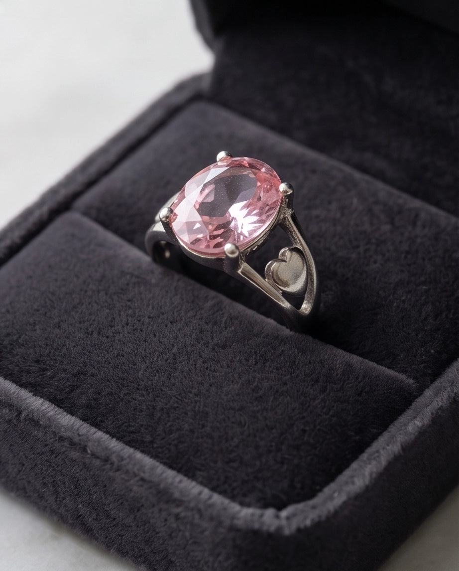 Silver Oval Pink Gemstone Heart Detail Solitaire Ring