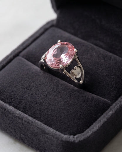 Silver Oval Pink Gemstone Heart Detail Solitaire Ring