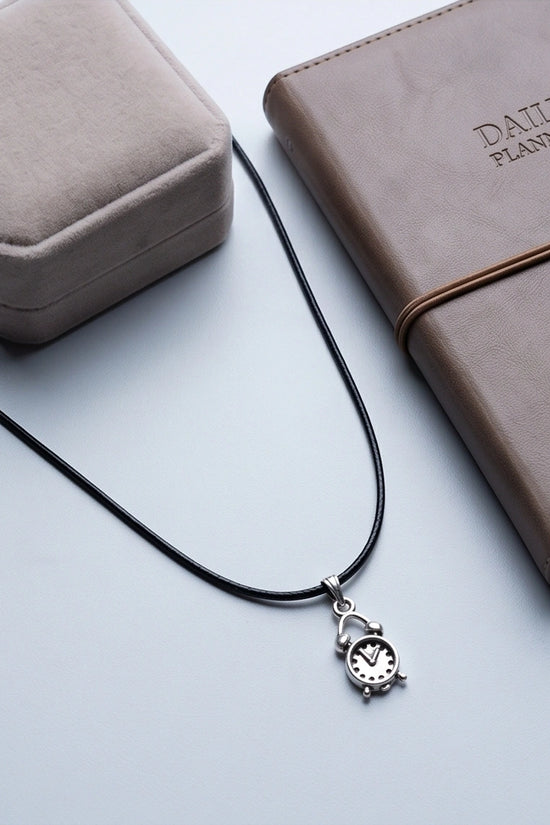 Silver Retro Alarm Clock Pendant Necklace