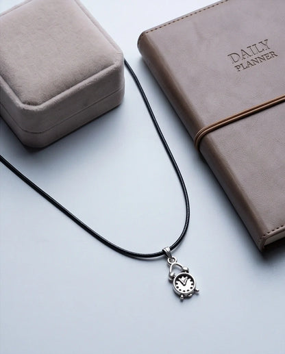 Silver Retro Alarm Clock Pendant Necklace