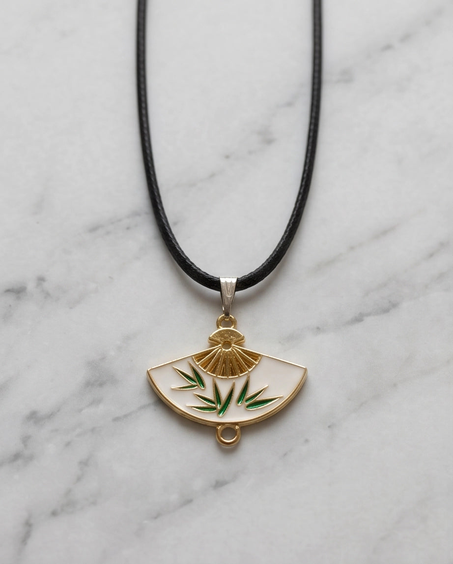 White Enamel Bamboo Fan Pendant Necklace