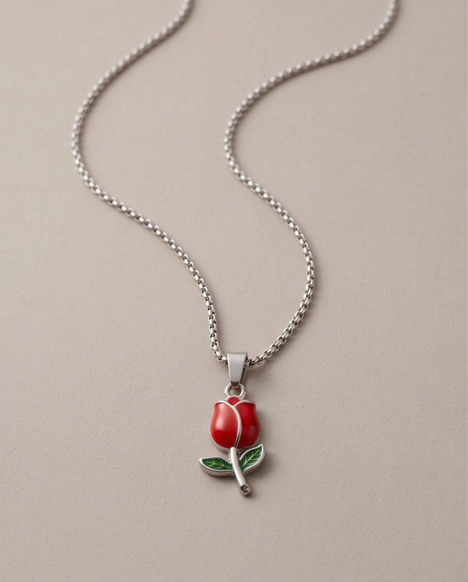 Silver Red Enamel Tulip Pendant Necklace