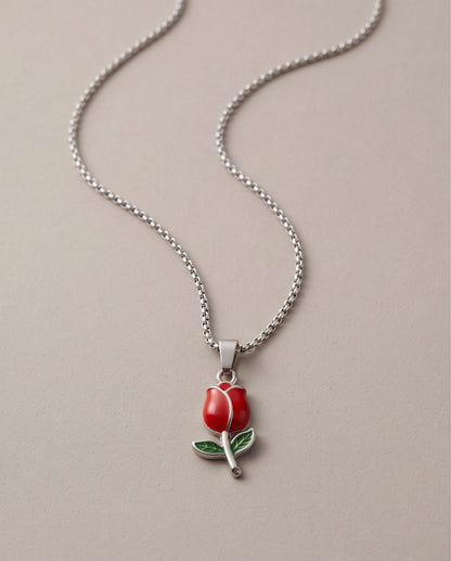 Silver Red Enamel Tulip Pendant Necklace