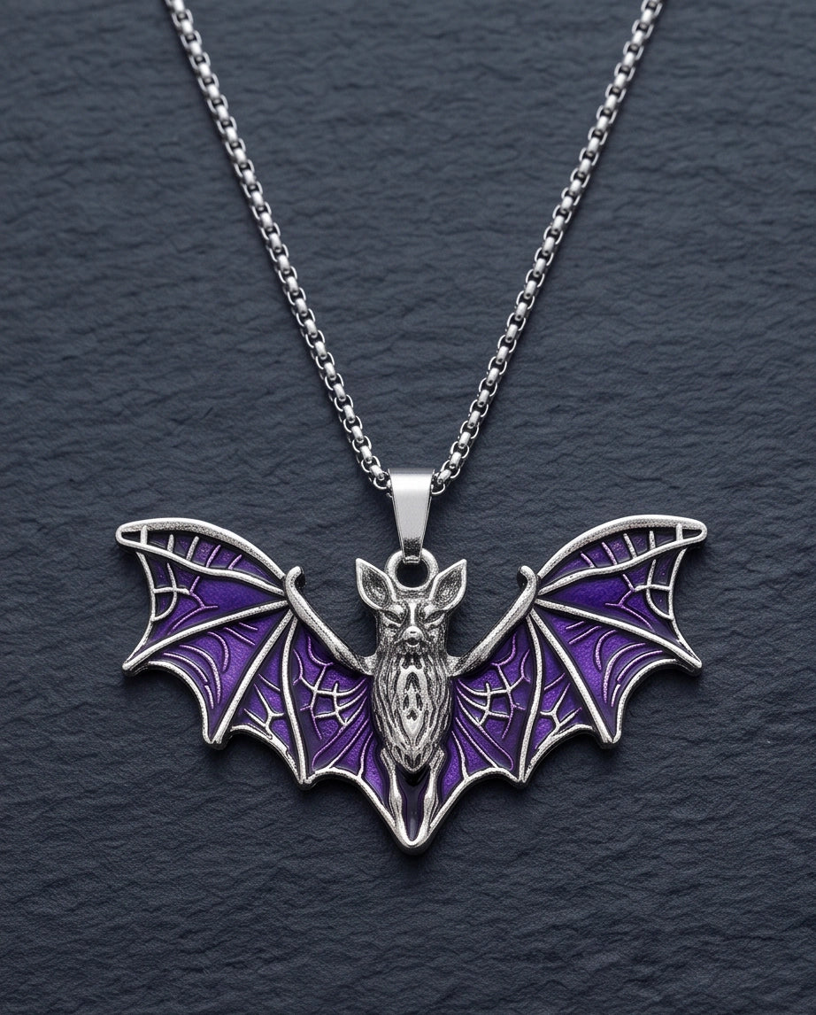 Silver Purple Enamel Flying Bat Pendant Necklace