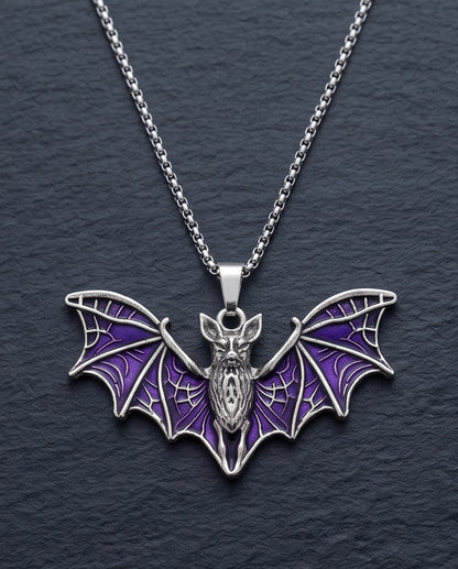 Silver Purple Enamel Flying Bat Pendant Necklace
