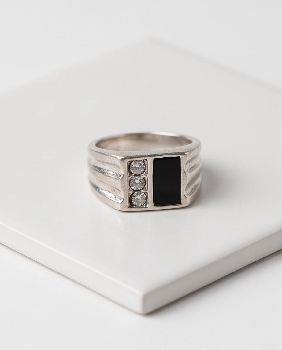 Dual-Panel Onyx & Triple-Crystal Fluted Shoulder Silver Ring