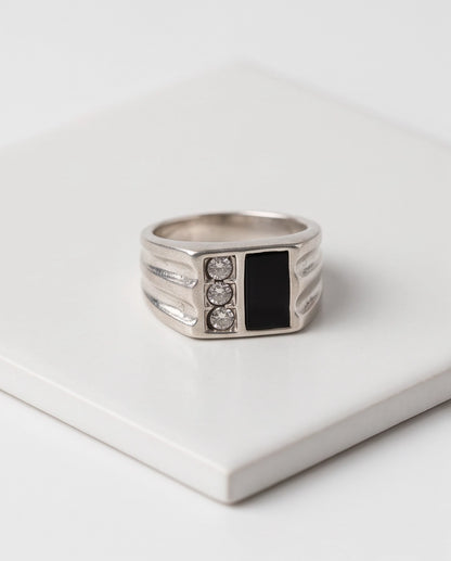Dual-Panel Onyx & Triple-Crystal Fluted Shoulder Silver Ring