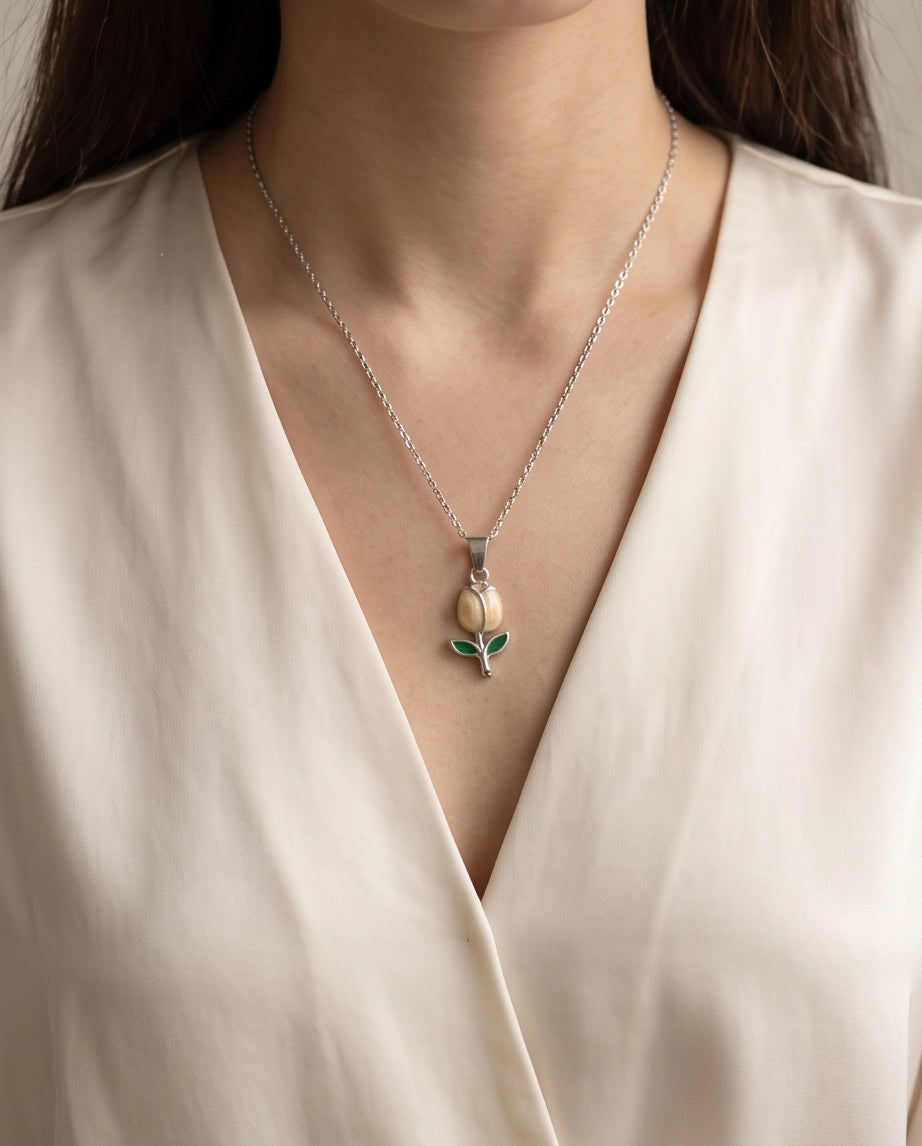 Silver Yellow Enamel Tulip Pendant Necklace