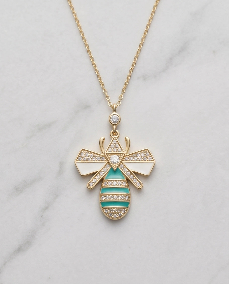 Gold Turquoise Enamel Bee Necklace