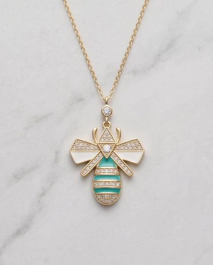 Gold Turquoise Enamel Bee Necklace