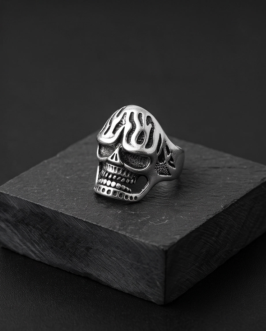 Fluted Flame-Crown Anatomical Skull Silver Ring