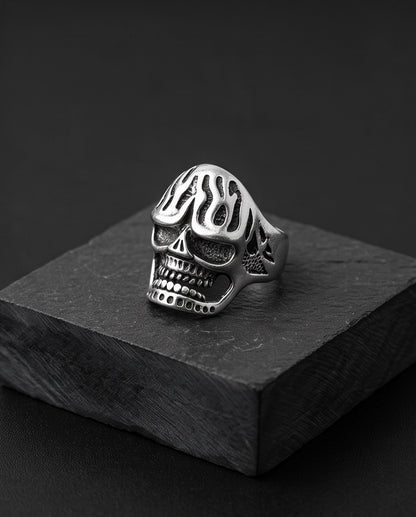 Fluted Flame-Crown Anatomical Skull Silver Ring