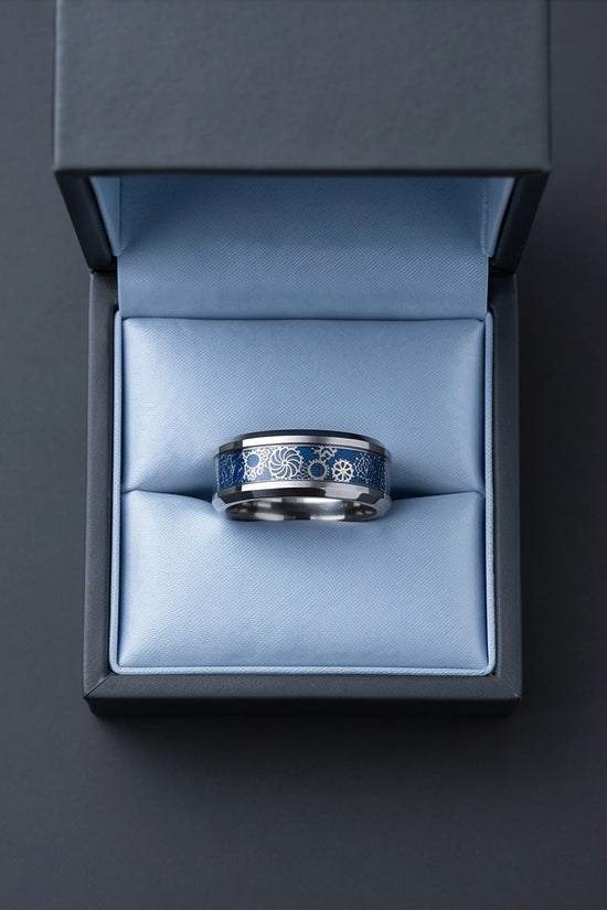 Industrial Steampunk Blue Gear Band Ring