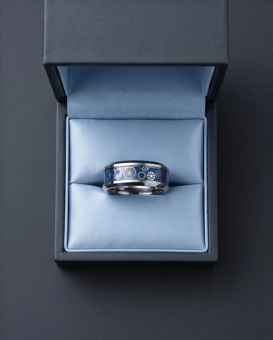 Industrial Steampunk Blue Gear Band Ring
