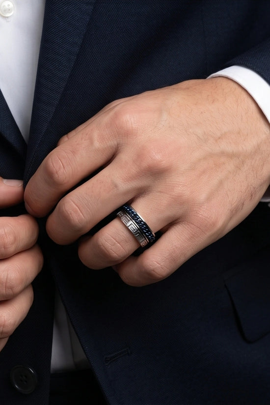 Modern Greek Key Blue Chain Spinner Ring