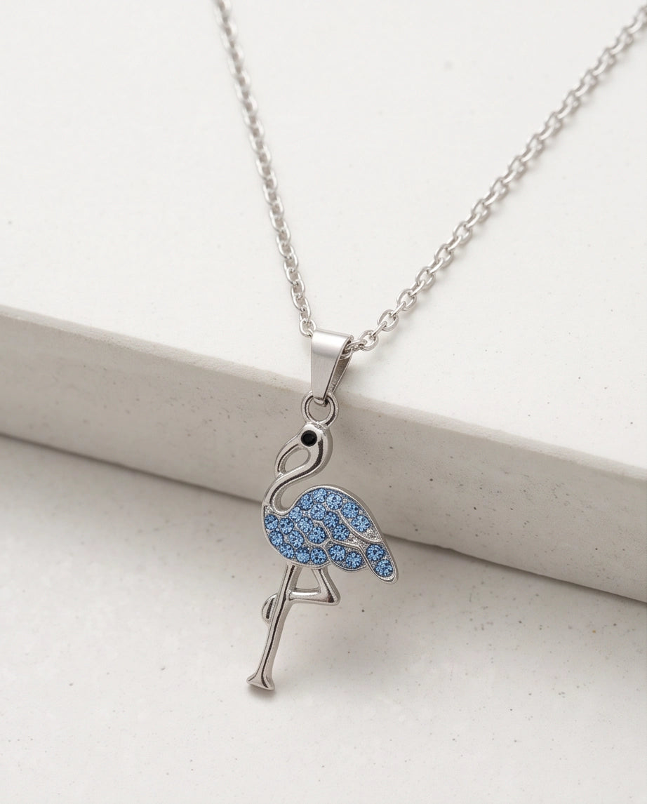 Silver Blue Crystal Paved Flamingo Pendant Necklace