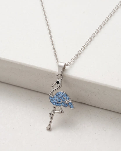 Silver Blue Crystal Paved Flamingo Pendant Necklace