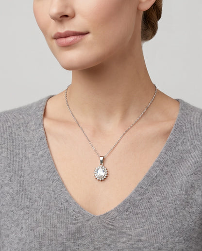 Silver Crystal Oval Halo Medallion Pendant Necklace