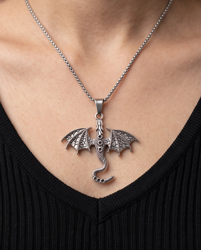Silver Textured Dragon Wyvern Pendant Necklace