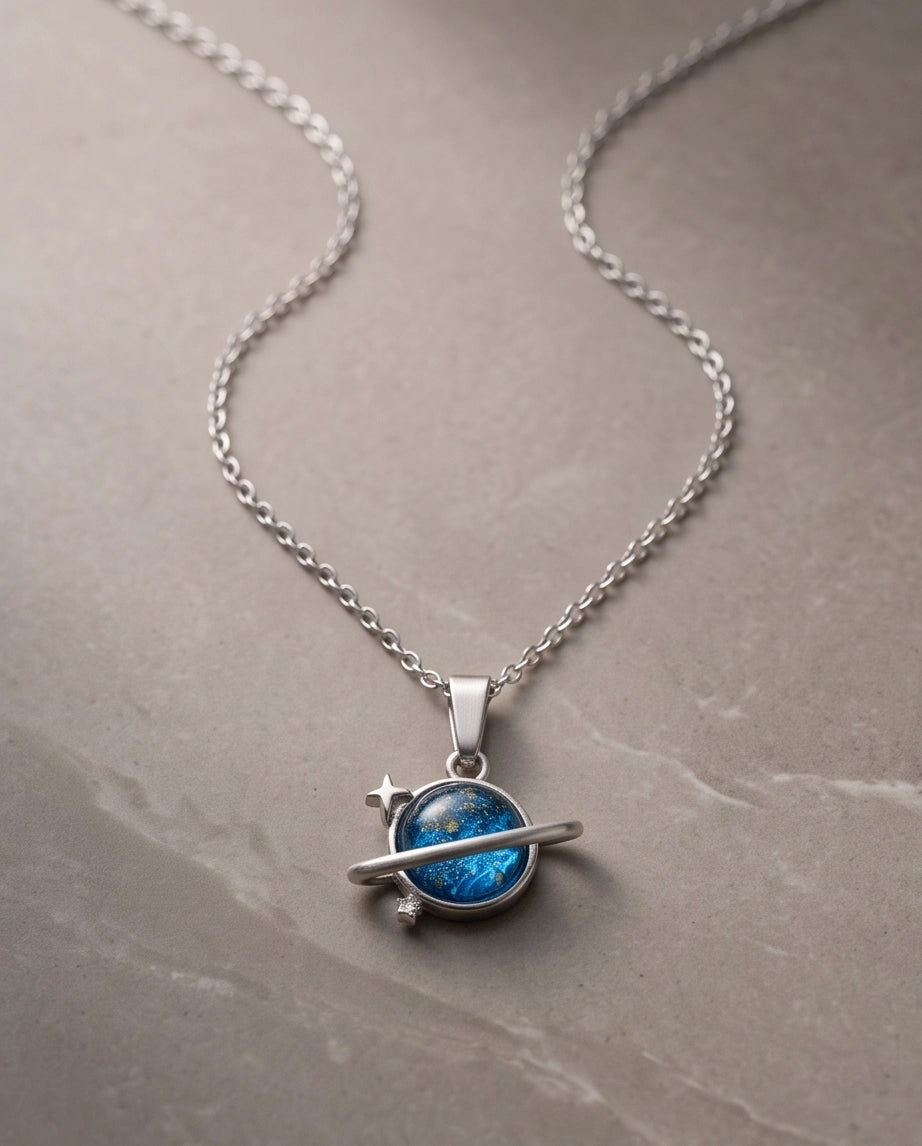 Silver Cosmic Saturn Galaxy Ring Pendant Necklace