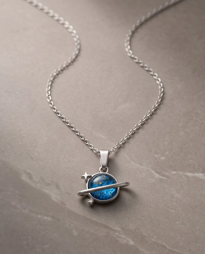 Silver Cosmic Saturn Galaxy Ring Pendant Necklace