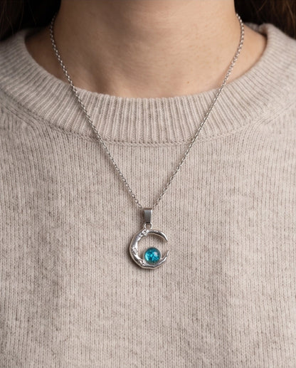 Silver Hammered Crescent Moon Blue Opal Orb Pendant Necklace
