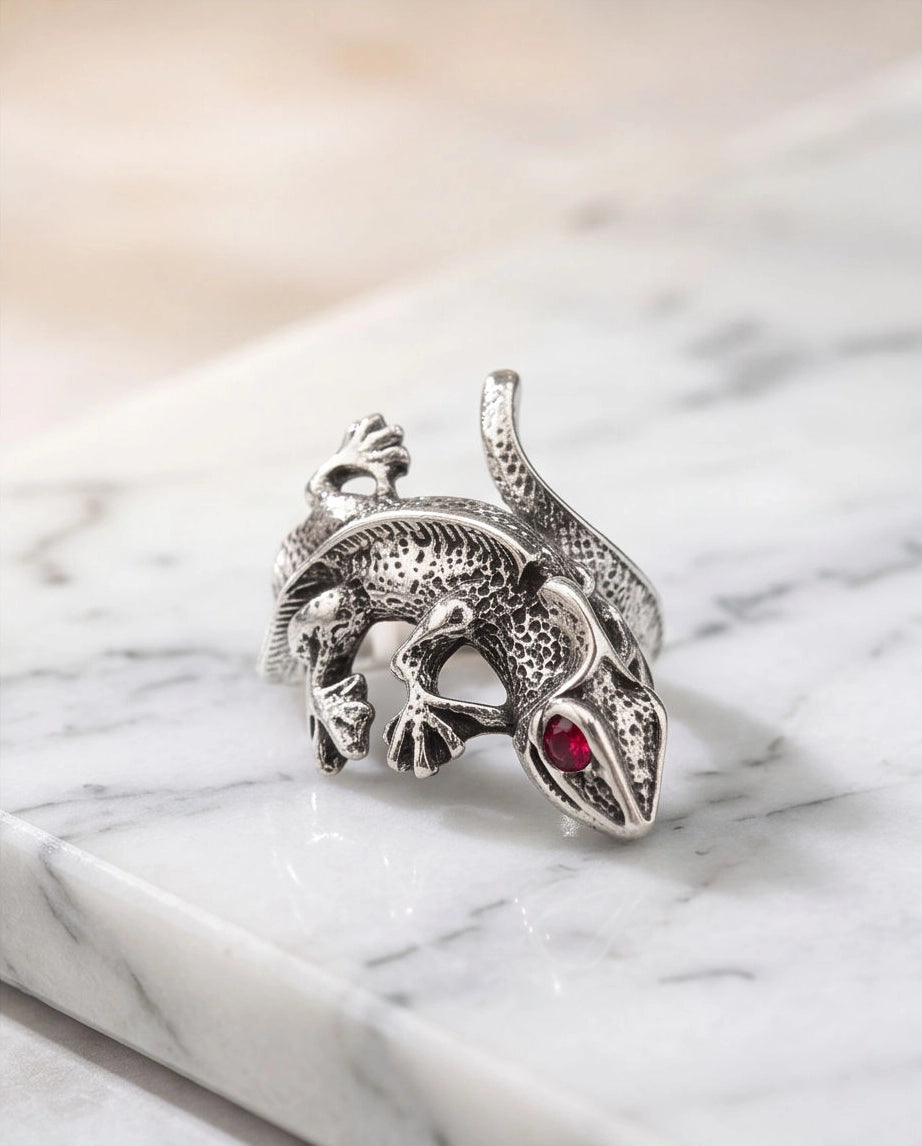 Ruby-Eyed Sculpted Lizard Wrap Ring
