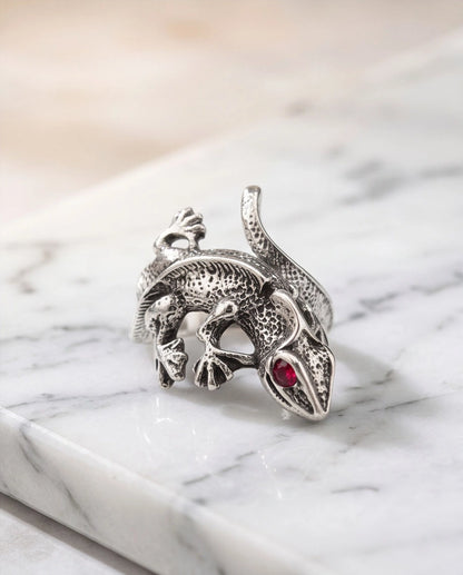 Ruby-Eyed Sculpted Lizard Wrap Ring
