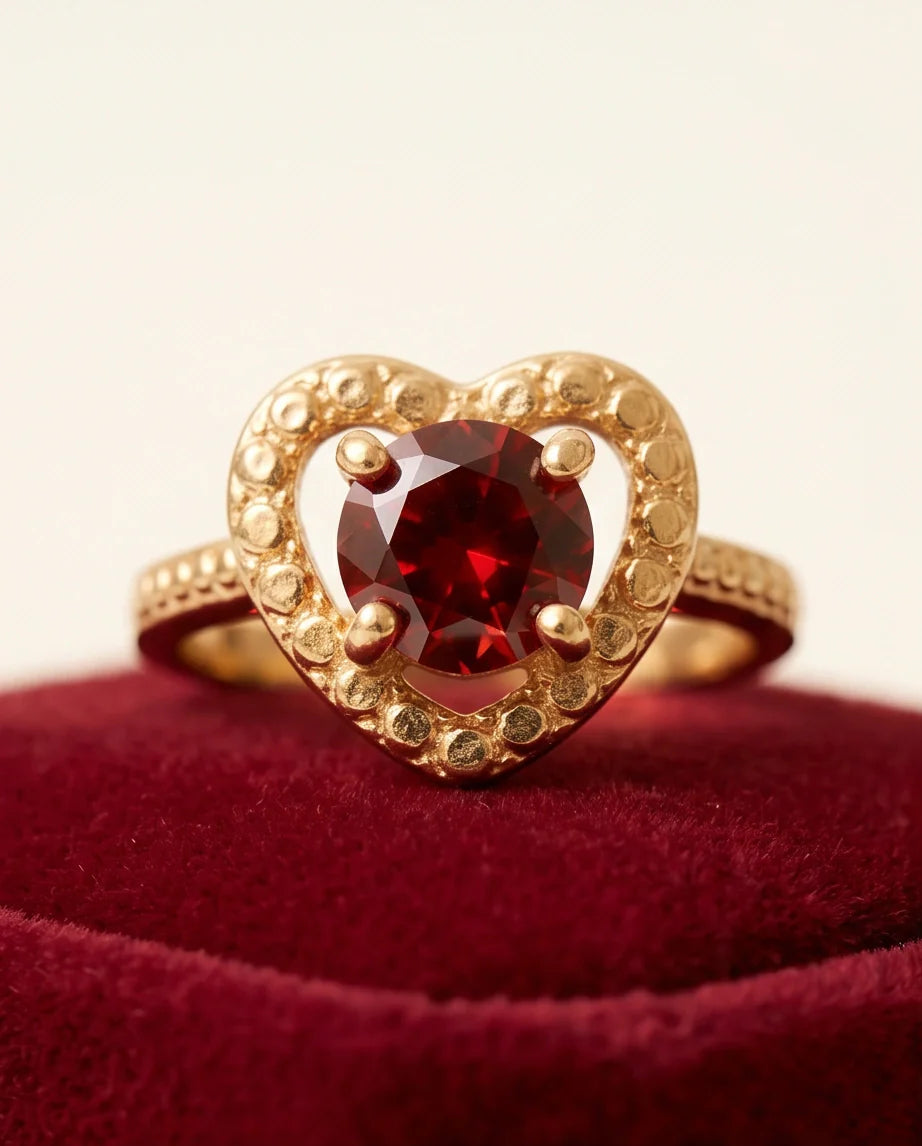 Vintage Gold Ruby Granulated Heart Ring