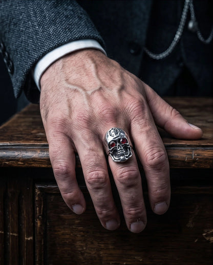 Crimson-Eyed Sculpted Skull Crest Ring