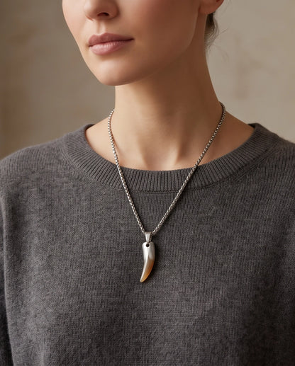 Silver Agate Tooth Pendant Chain Necklace