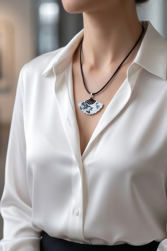 Artistic Monochrome Folding Fan Pendant Necklace