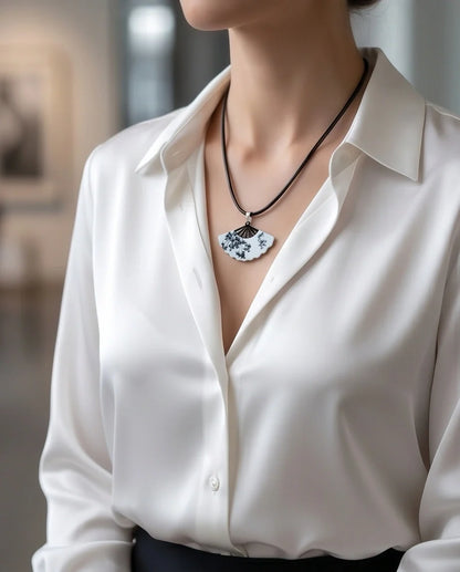 Artistic Monochrome Folding Fan Pendant Necklace