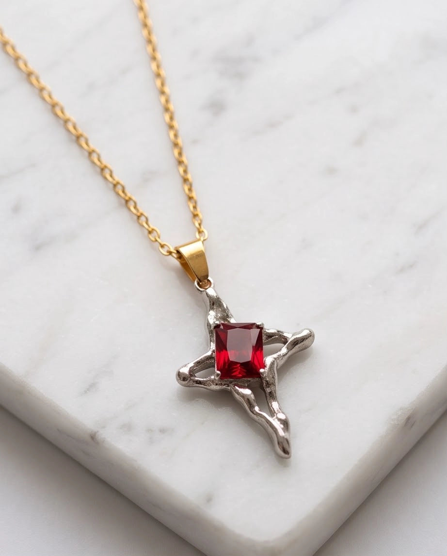 Silver Red Gemstone Gothic Cross Pendant Necklace
