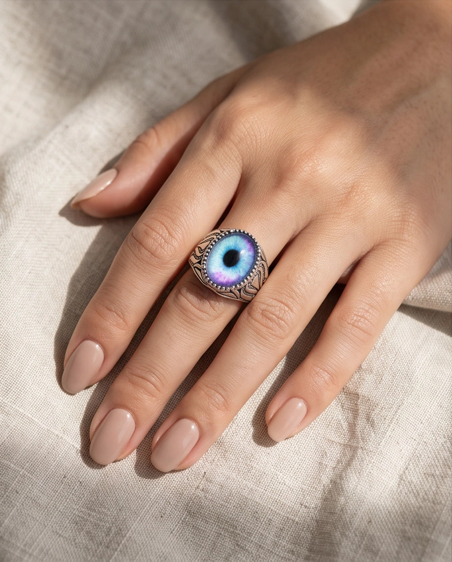 Nebula Blue-Purple Evil Eye Cabochon Ornate Scrollwork Silver Ring