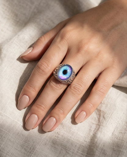 Nebula Blue-Purple Evil Eye Cabochon Ornate Scrollwork Silver Ring