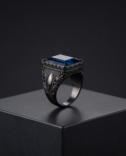 Deep Sapphire Emerald-Cut Gemstone Architectural Filigree Silver Ring