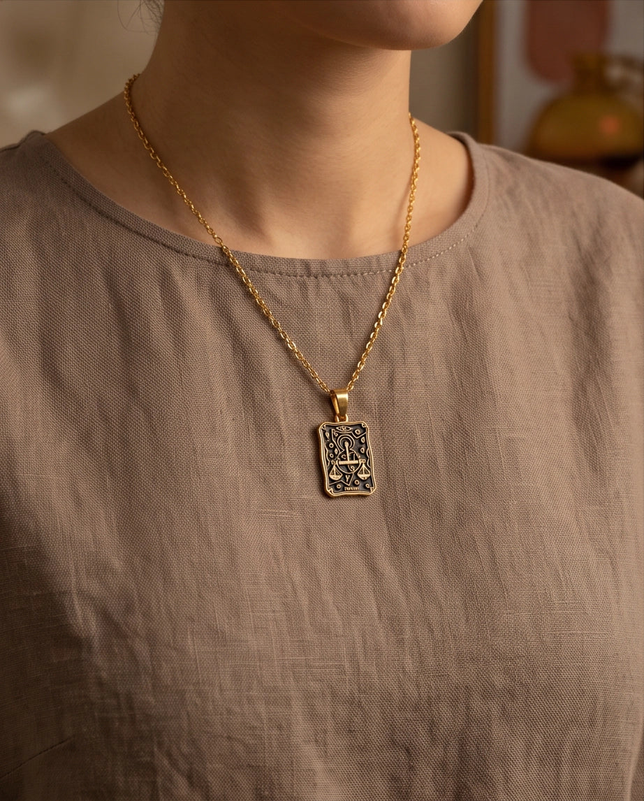 Gold "Justice" Tarot Card Pendant Necklace