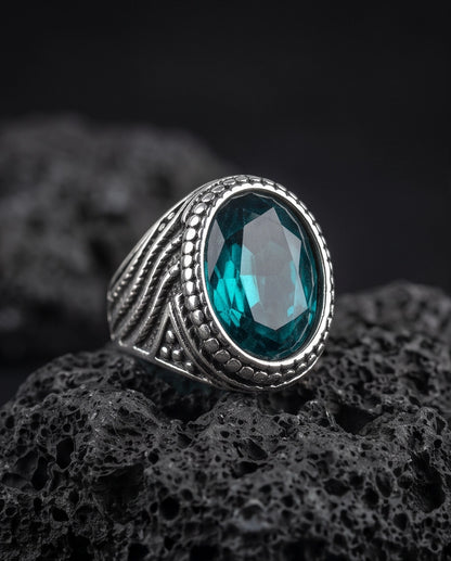 Aquamarine Gemstone Beaded Frame Wave Silver Ring