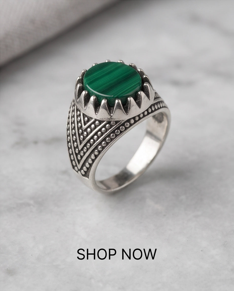 Malachite-Style Oval Cabochon Crown Bezel Chevron Stippled Silver Ring