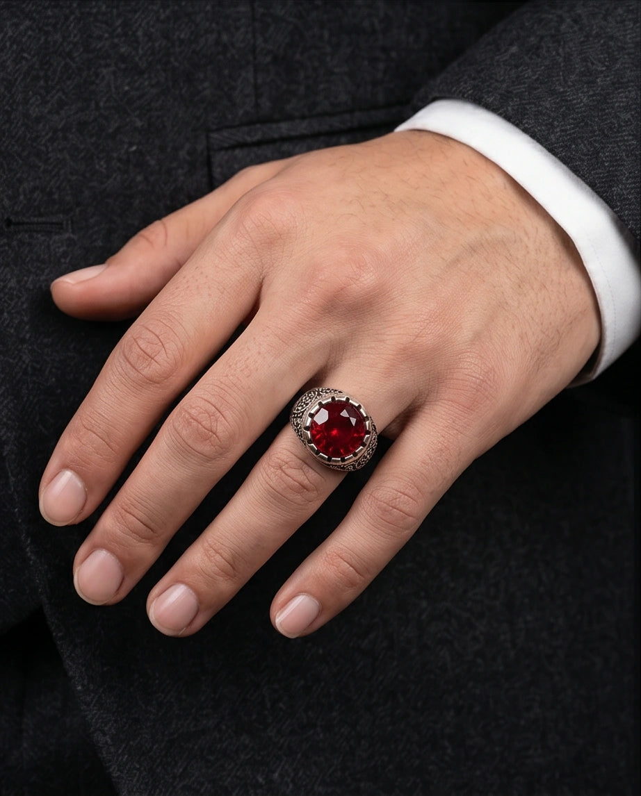 Crimson Monarch Silver Signet Ring